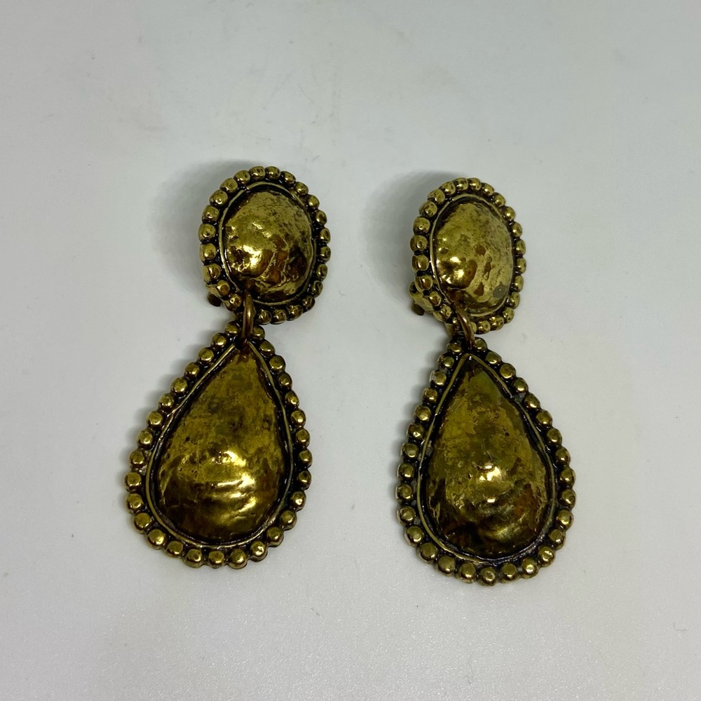 Edouard Rambaud Clip-on Earrings Aged Brass/Gold Tone Hammered Texture Metal MCM